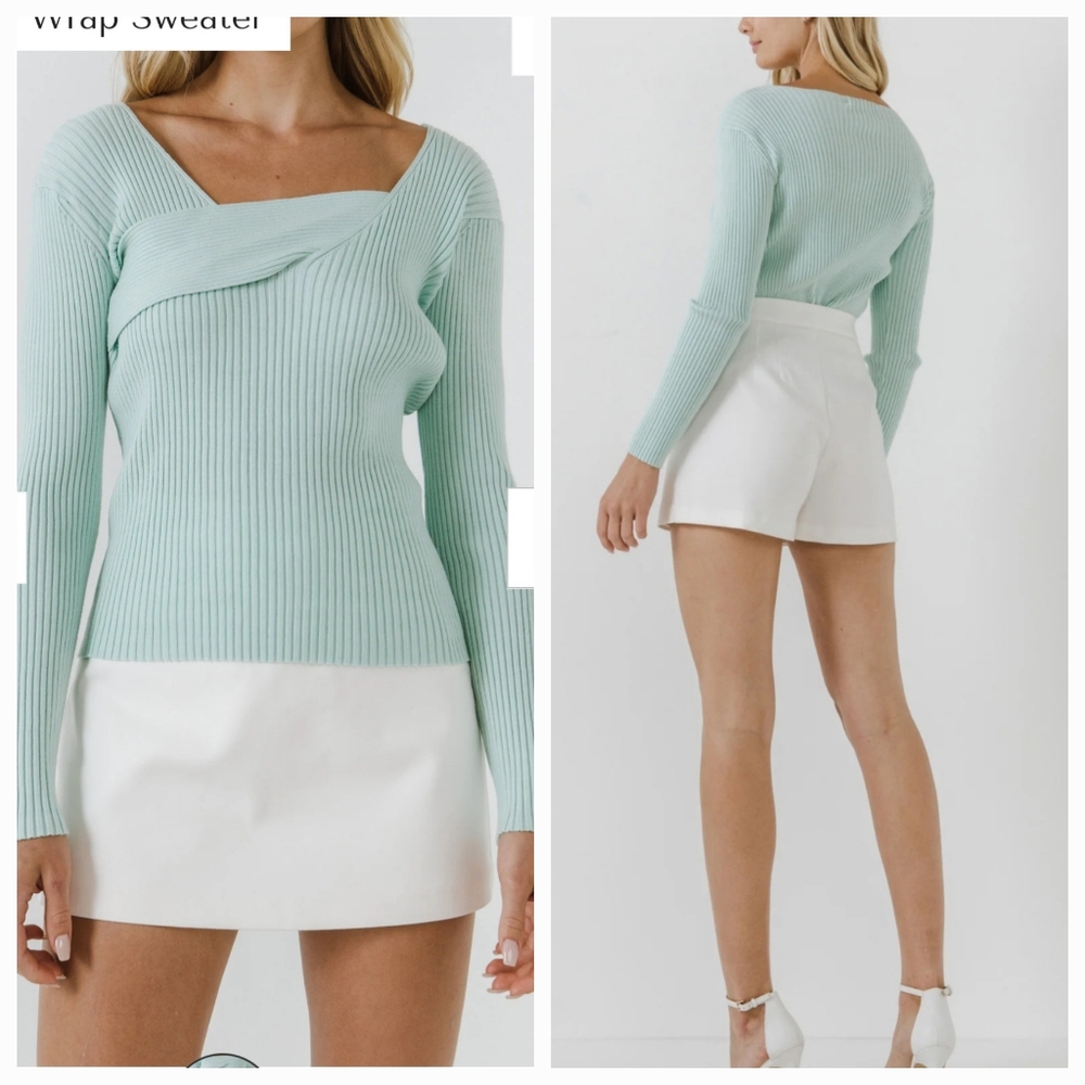 Endless Rose Ribbed Knit Wrap Sweater in Mint